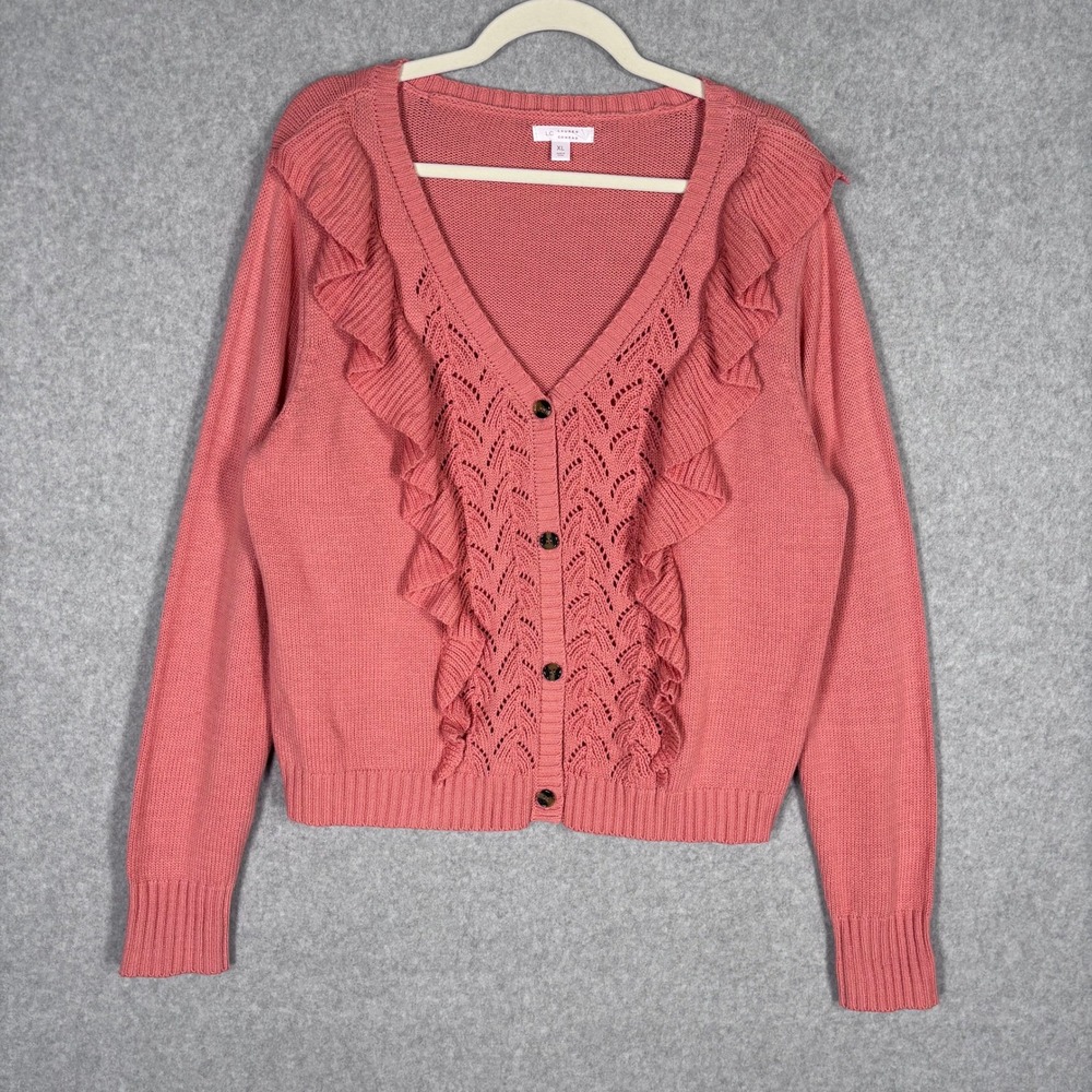 Lauren Conrad Crochet Ruffle‎ Cardigan Sweater XL Pink Feminine Coquette Dainty